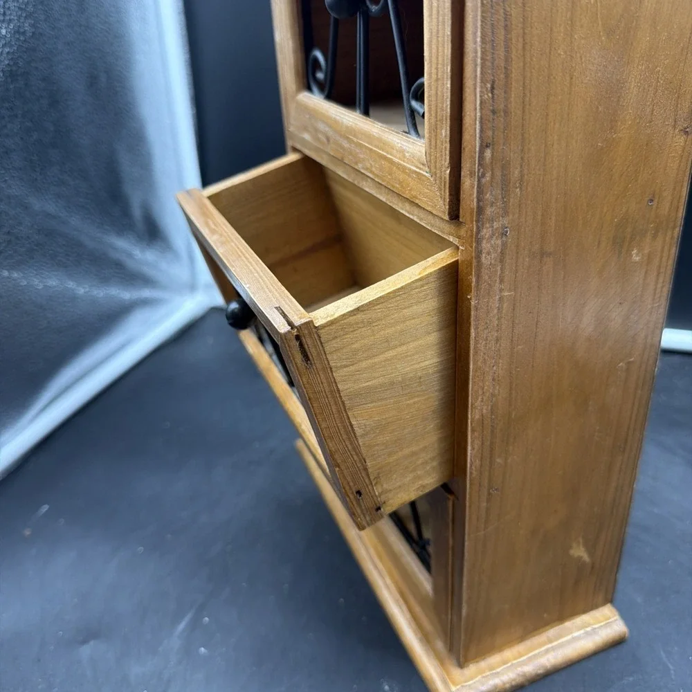 VTG Wood Small Counter Top 3 Drawer Storage Caddy Iron Scroll Drawers Grannycore